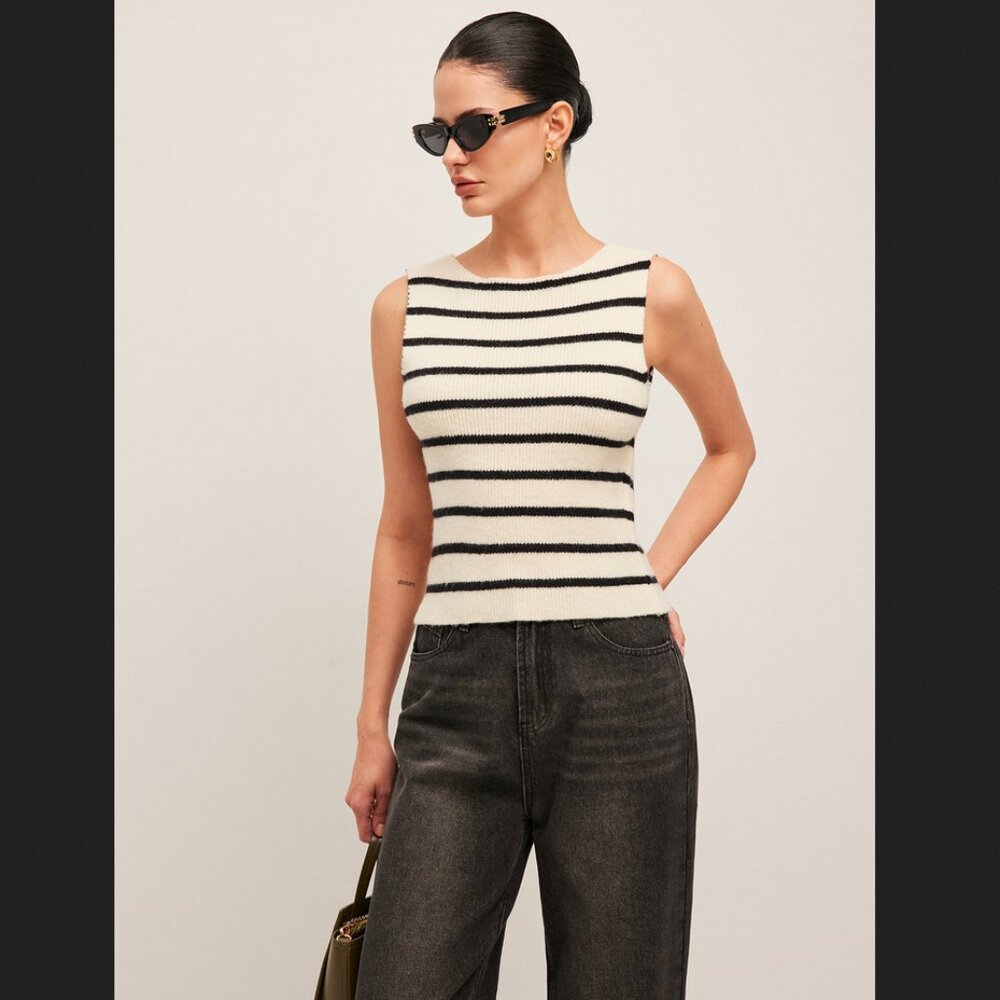 Commense Large Ivory Black Striped‎ Bow Back Sweater Vest Minimalist NEW NWT